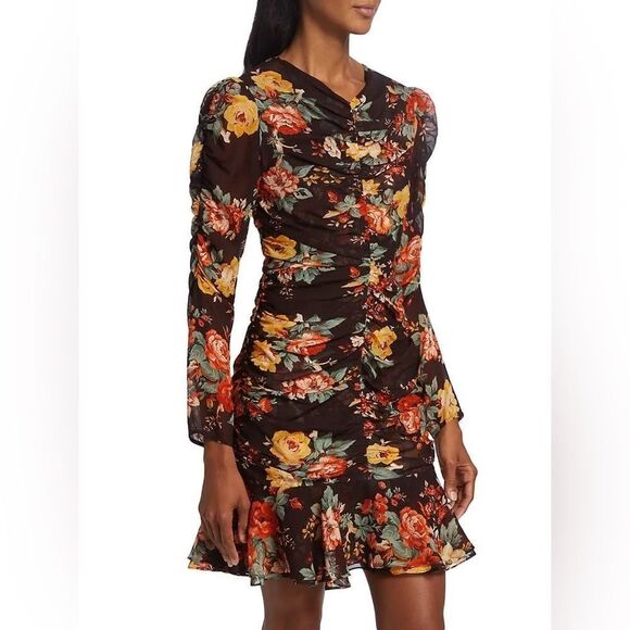 Veronica Beard Hedera Black Floral Print Ruched Long Sleeve Silk Mini Dress Sz 0 - Picture 1 of 9